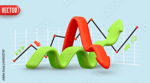 Dynamics of course online graphics. Trade arrow. Exchange price chart. Realistic 3d design. Growth and changes in value. Exchange trading. Reporting annual and quarterly profits. vector illustration