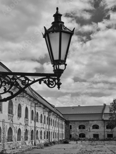 New street lamp in the old fortress in Komárno in black and white, a place full of history, Slovakia