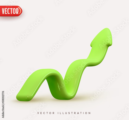 Green Arrow up. Flexible upward arrow indication statistic. Growth chart sign. Price graphic element. Realistic 3d design isolated on white background. Trade infographic. Vector illustration