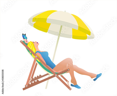 The girl sitting on a deck chair under Beach umbrella  isolated on a white background. Blonde woman in a blue swimsuit lies in a sun lounger. Vector illustration