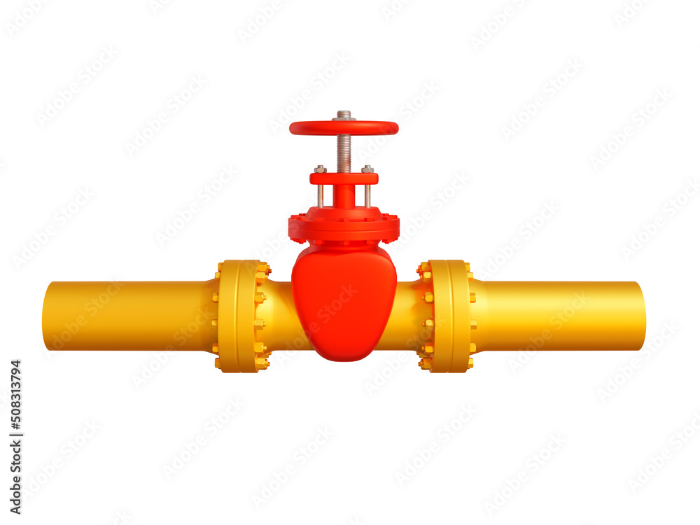 Oil and gas fuel pipeline with valve on white isolated background. Front view. Oil and gas industry concept. Sanctioned gas from Russia to Europe. Yellow and red colors. 3D rendering illustration. Oil and gas fuel pipeline with valve on white isolated background. Front view. Oil and gas industry concept. Sanctioned gas from Russia to Europe. Yellow and red colors. 3D rendering illustration.