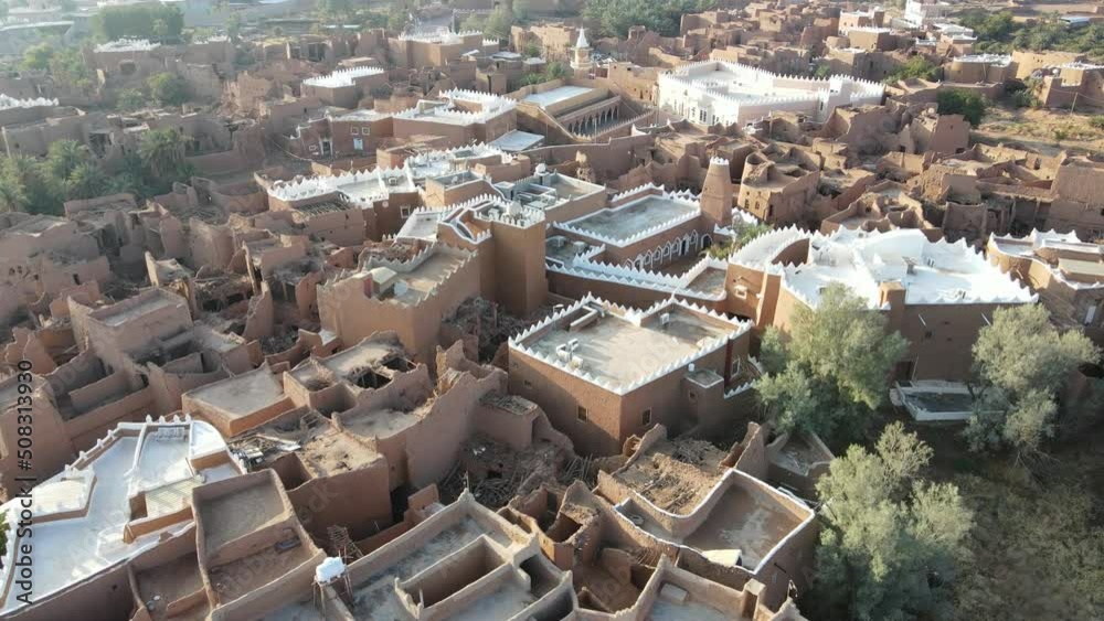 A drone camera flies over Ushaiqer Heritage Village, Saudi Arabia
