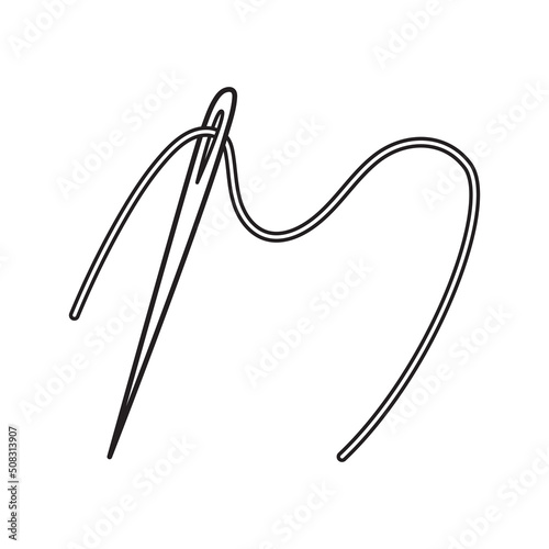 Outline doodle illustration of needle with thread. Hand drawn sewing equipment sketch. Craft element vector icon isolated on white background
