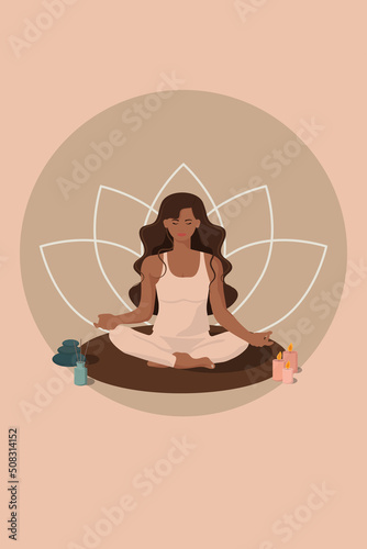 a girl who meditates in a lotus position, sits on a rug with candles, faceless style