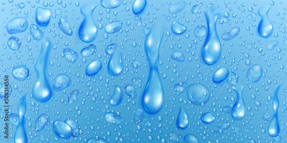 Background with big and small realistic water drops in light blue colors