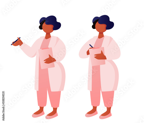 Character of African American female doctor working on treatment recommendations. Discussing and making notes in medical notebook.  Vector illustration isolated on white background. 