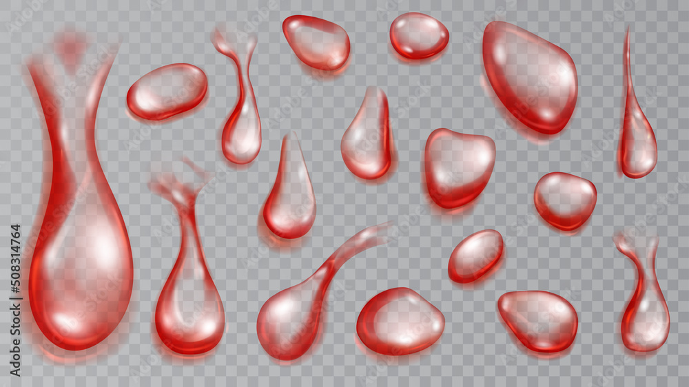 Set of realistic translucent water drops in red colors in various shape and size, isolated on transparent background. Transparency only in vector format