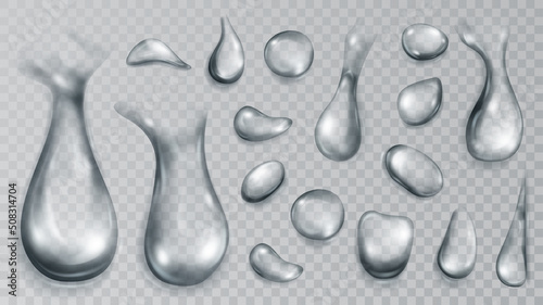 Set of realistic translucent water drops in gray colors in various shape and size, isolated on transparent background. Transparency only in vector format