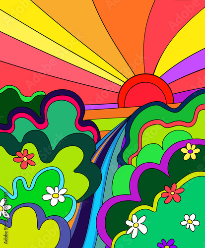  1970 good vibes poster. Decorative groovy colorful retro poster with landscape with trees, daisy flowers and sun