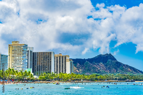 Fototapeta Naklejka Na Ścianę i Meble -  Colorful Waikiki Beach Surfers Swimmers Diamond Head Honolulu Hawaii