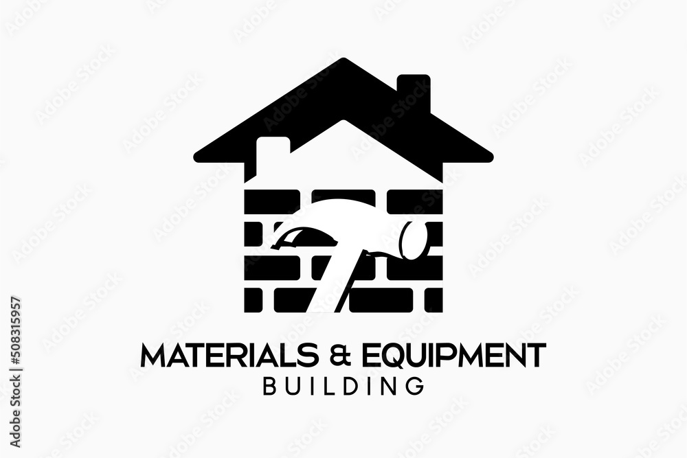 Logo design for building tools, building shops or building materials stores with a hammer silhouette concept combined with a brick house icon