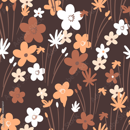 Seamless floral pattern based on traditional folk art ornaments. Colorful flowers on color background. Scandinavian style. Sweden nordic style. Vector illustration. Simple minimalistic pattern