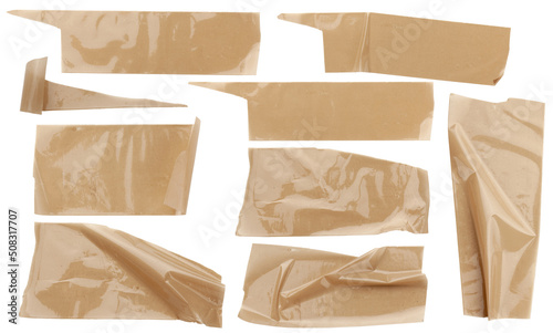 Torn horizontal and different size glossy beige sticky tape, sticky pieces on white background. Set of glossy beige tapes.