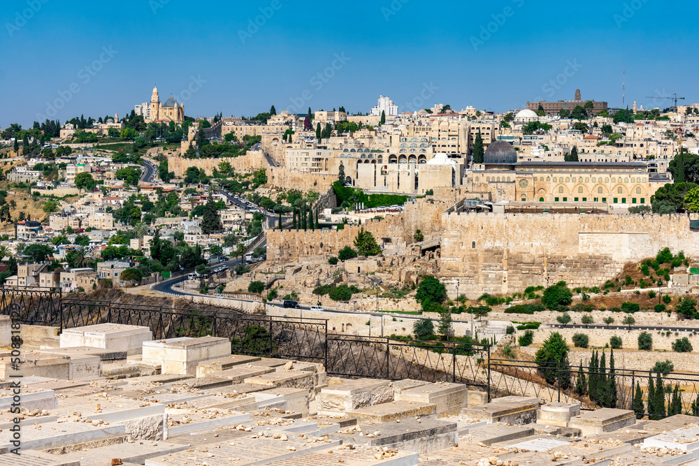Jerusalem, Israel - June 9 2019: Spectacular view of Jerusalem with a glimpse of the Jewish cemetery
