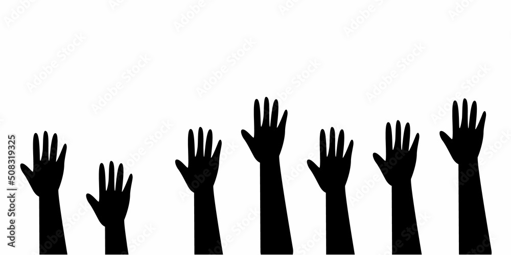 Raised hands. Teamwork, collaboration, voting vector icon.