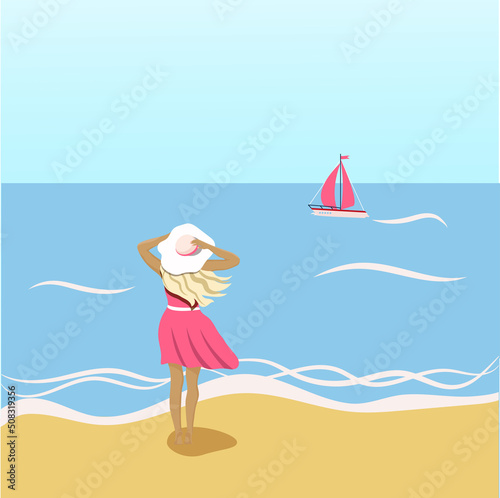 a girl stands on the beach in a hat and looks at the sea at a ship with scarlet sails.