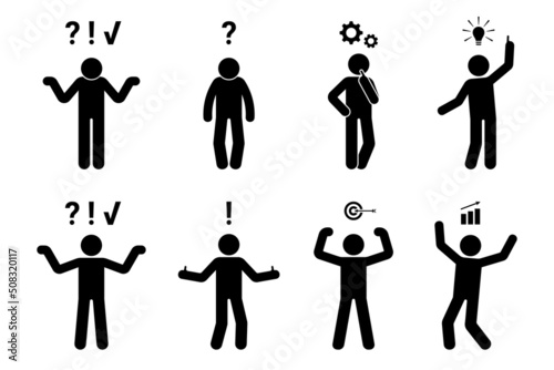 Stick figure man problem solution concept vector illustration set. Creative idea insight icon pictogram white background