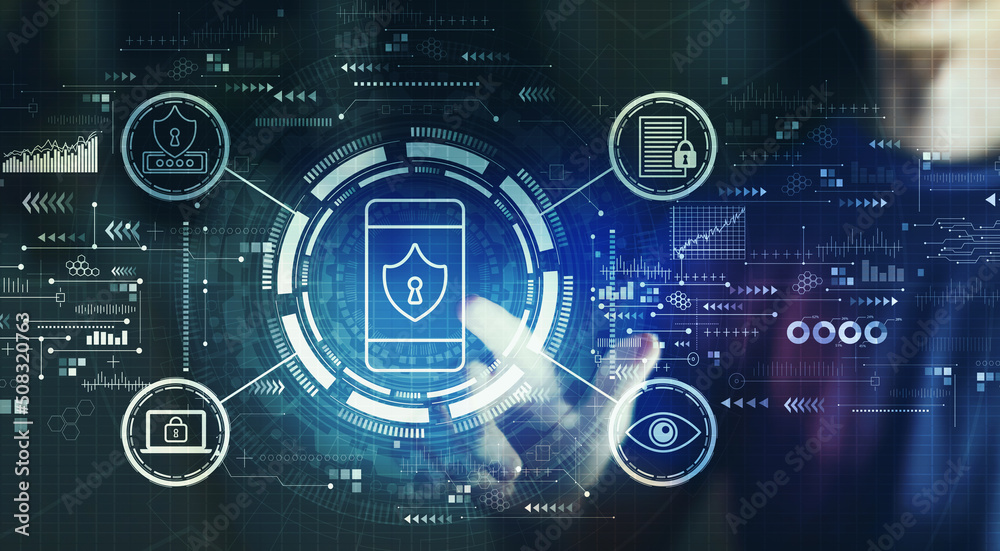 Data Privacy concept with young man touching a digital screen at night Data Privacy concept with young man touching a digital screen at night