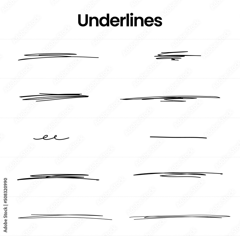 Set Of Hand Lettering Underlines Lines Vector. Black Underline Stroke. Handwritten Marker Line. Isolated On White. Illustration. Set Of Hand Lettering Underlines Lines Vector. Black Underline Stroke. Handwritten Marker Line. Isolated On White. Illustration.