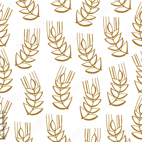 Seamless scandinavian pattern with cute doodle outline ear of wheat. Vector illustration.