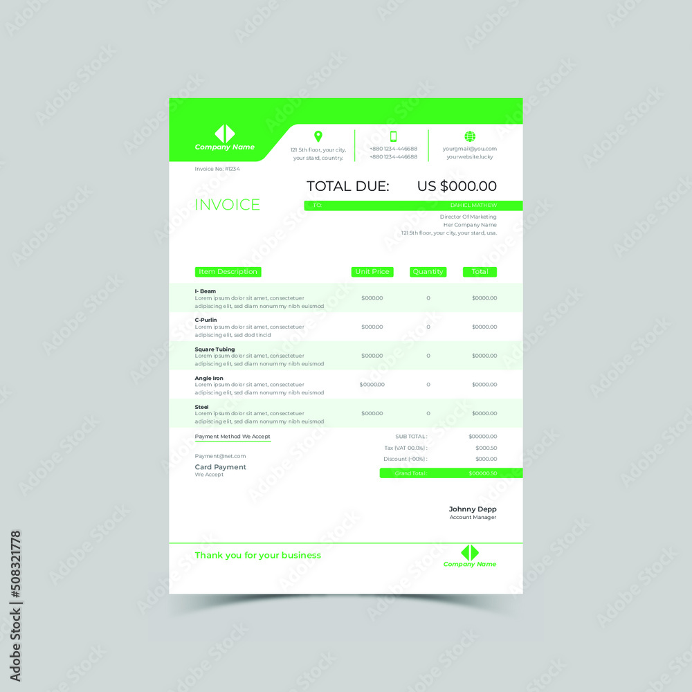 Elegant green vector invoice template business invoice design Elegant green vector invoice template business invoice design
