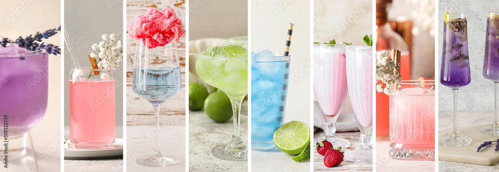 Collage with many delicious summer cocktails