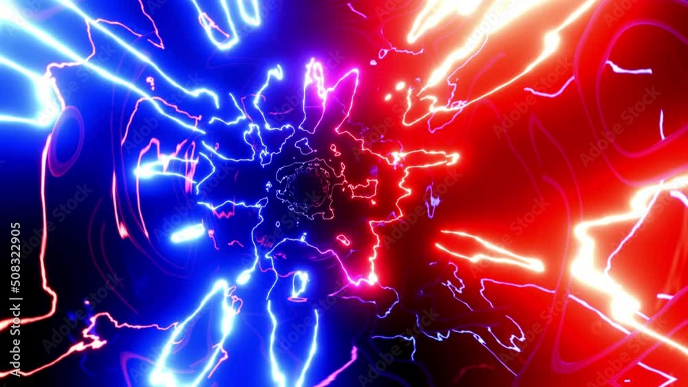 Round glow futuristic tunnel. Hi-tech neon sci-fi tunel. Trendy neon glow lines form pattern and construction in mirror tunnel. Fly through technology cyberspace. 3d almost looped 4k bright bg.