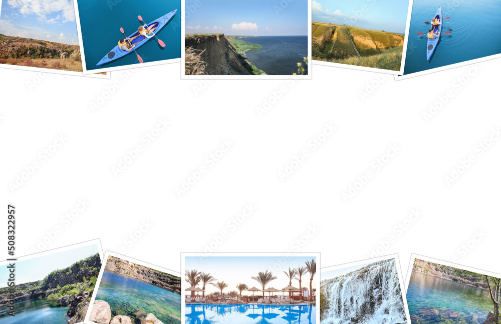 Set of travel photos on white background with space for text