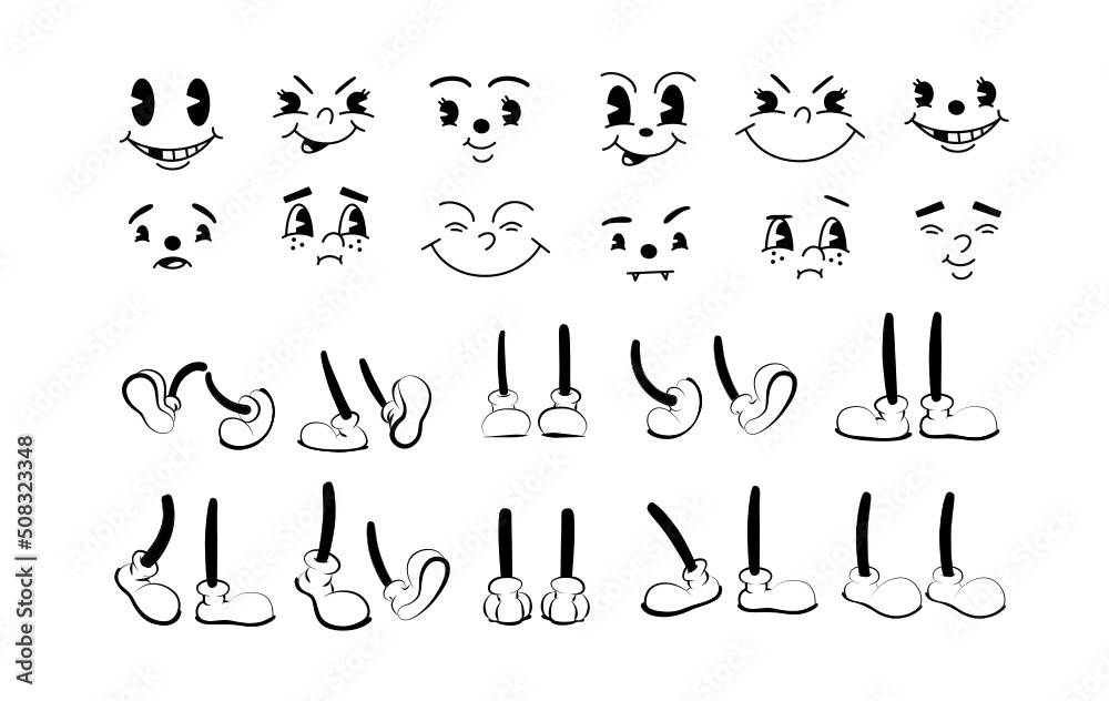 Vector Vintage 50s cartoon and comic happy facial expressions. feet in