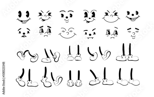 Vector Vintage 50s cartoon and comic happy facial expressions. feet in shoes and walking leg poses set. Retro quirky characters smile emoji set. Cute avatars with big eyes, cheeks and mouth	
