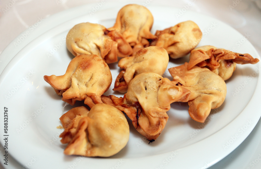 Fried Turkish Ravioli (Manti) on the dinner plate. Fried Turkish Ravioli (Manti) on the dinner plate.