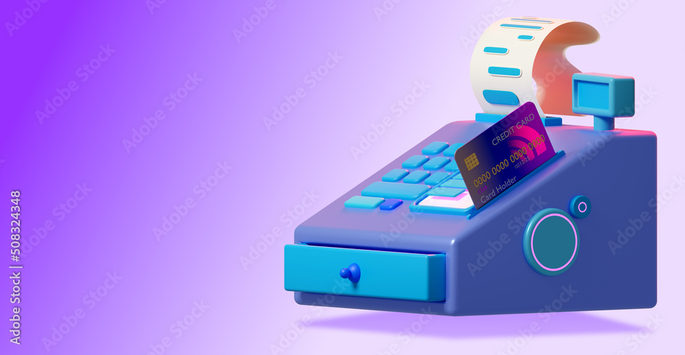 Cash register and paper tape. Equipment for accepting payments in store
