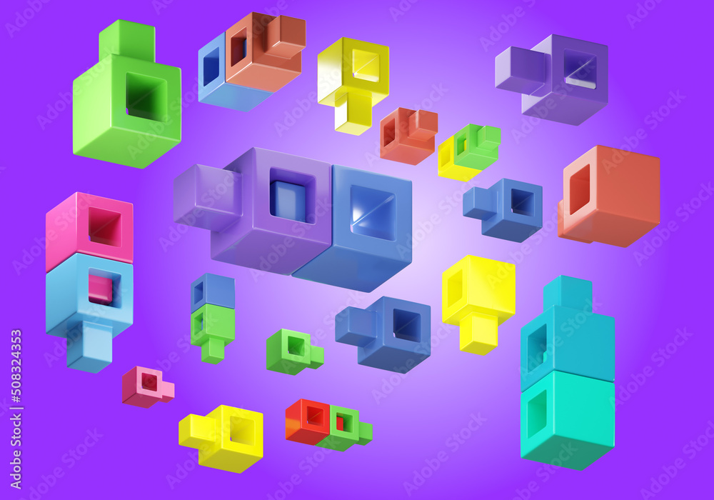 Kids brick. Rainbow background. Multicolored children's toy constructor. Concept of educational toys for children. Colorful toy constructor elements on purple. Visualization plastic blocks. 3d image. Kids brick. Rainbow background. Multicolored children's toy constructor. Concept of educational toys for children. Colorful toy constructor elements on purple. Visualization plastic blocks. 3d image.