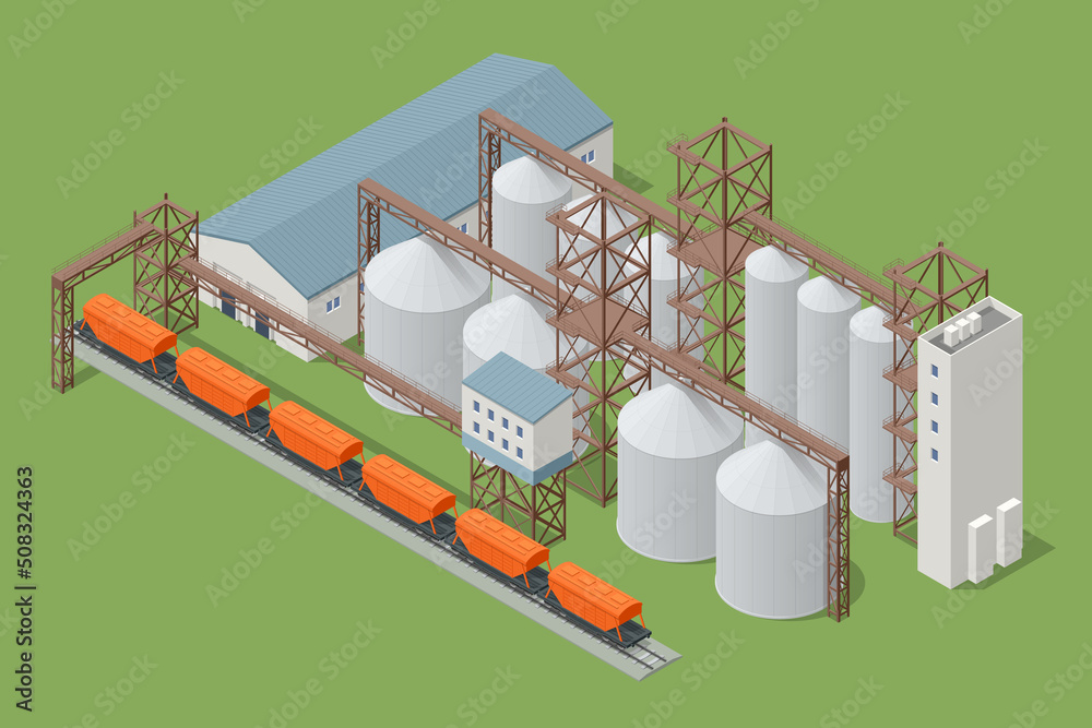 Isometric Grain elevator silos. Freight train being loaded with grain