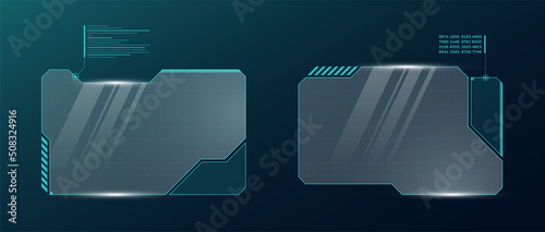 HUD digital futuristic user interface horizontal frame set. Sci Fi high tech screens. Gaming menu touching monitoring dashboard panels. Cyberpunk space head-up display technology information sign. Eps
