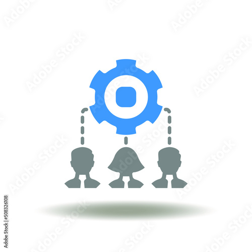 Vector illustration of gear and business people flowchart. Icon of allocation resources. Symbol of business network work structure.