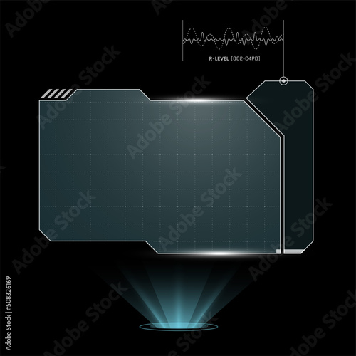 HUD digital futuristic user interface horizontal frame. Sci Fi high tech screen. Cyberpunk game menu touching monitoring hologram dashboard panel. Cyber space head-up display information vector border