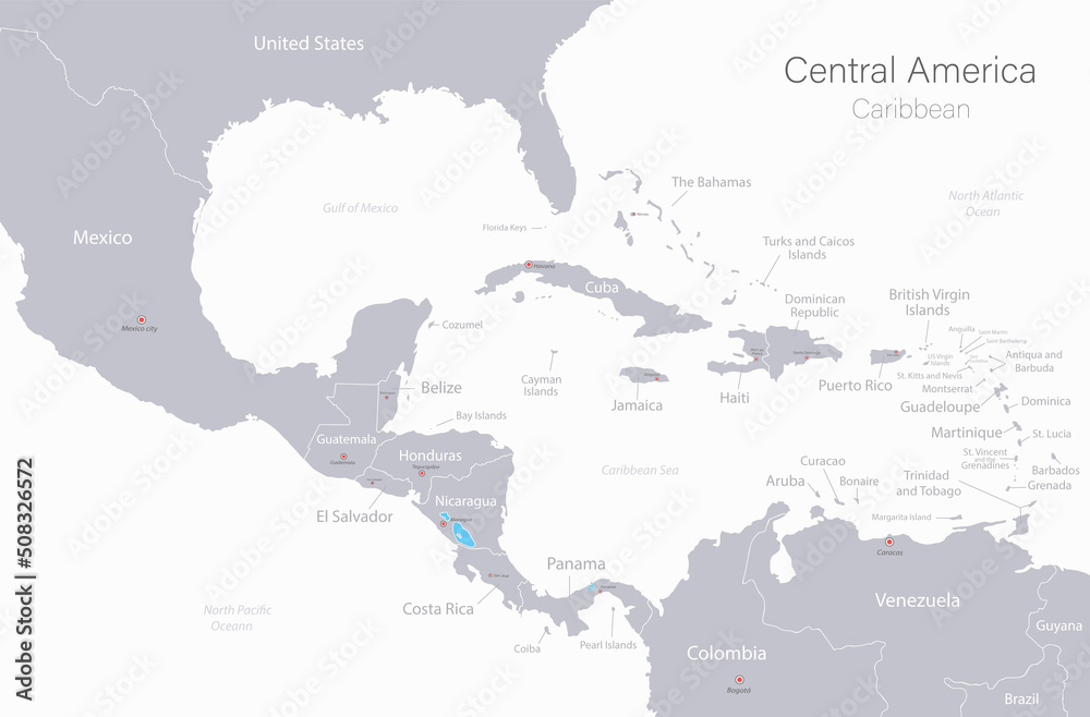 Central America and Caribbean islands map, states and capital city with names, white on background vector