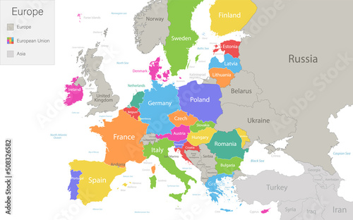 Europe with European Union and parts of Asia, multicolored map isolated on white background vector