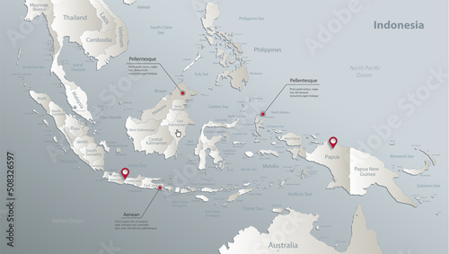 Indonesia map, administrative division, separates regions and names, blue white card paper 3D vector