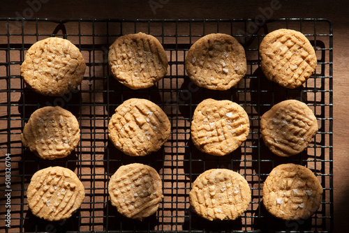 salted peanut butter cookies on black cooling racks photo