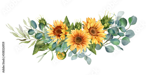 Sunflower and eucalyptus leaves bouquet. Watercolor floral illustration. Yellow flowers for rustic wedding design, thanksgiving decoration, fabric, greeting cards, ets. Isolated on white background