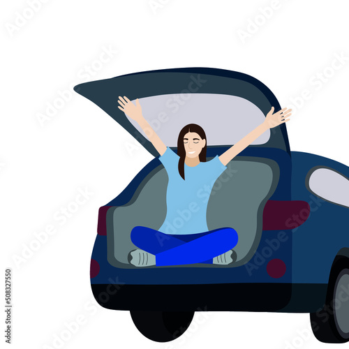 Girl sitting in open car trunk, isolate on white background, road travel, flat vector