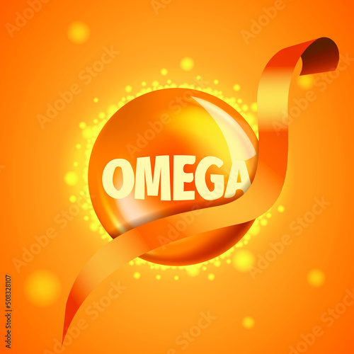 Omega-3 Fatty Acids gold shining pill capsule icon. Complex and Dietary supplement. Shining golden substance drop or essence droplet. Meds for health ads