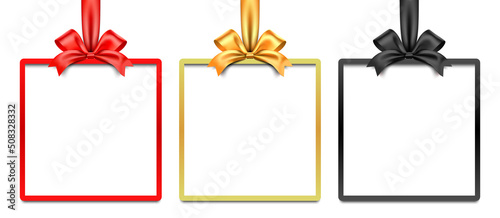 Red, golden, and black gift box vector frame with bow and ribbon, isolated on a white background.