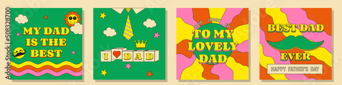 Set of Greeting Cards with Father's Day Text in Retro Groovy Style.