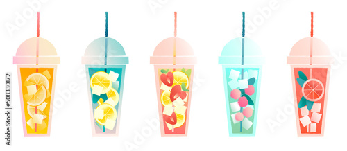 Summer drink set refreshing drinks in cup with lid