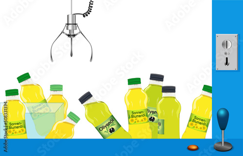 Speiseöl Automat, Sonnenblumenöl Automat, 
Olivenöl Automat mit Greifarm des Greifautomaten,
Vektor Illustration isoliert auf weißem Hintergrund
 photo