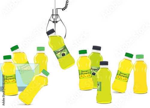 Speiseöl, Sonnenblumenöl und Olivenöl Automat mit Greifarm des Greifautomaten, Öl Flasche wird geangelt mit Greifarm,
Vektor Illustration isoliert auf weißem Hintergrund
