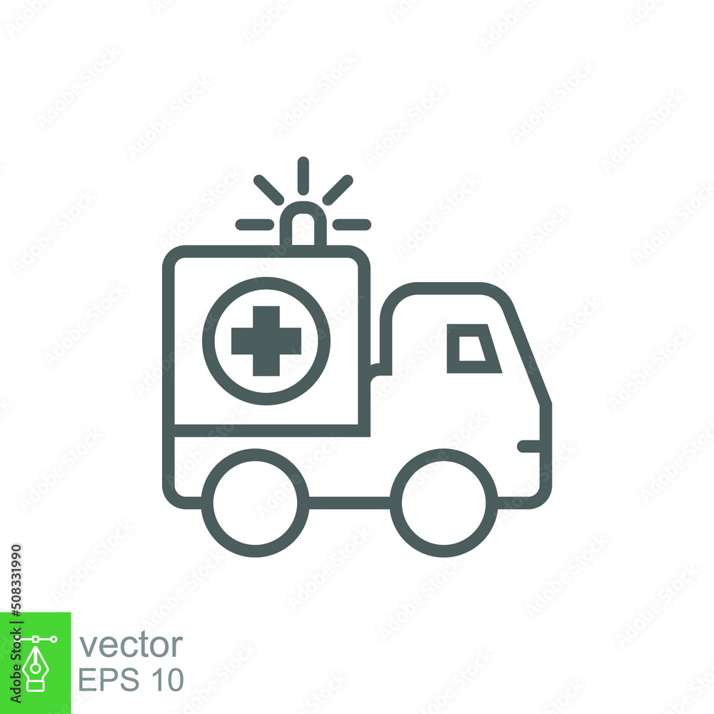 Ambulance icon, outline emergency car, medicine van, care medic support, thin line web symbol on white background. Vector illustration EPS 10.